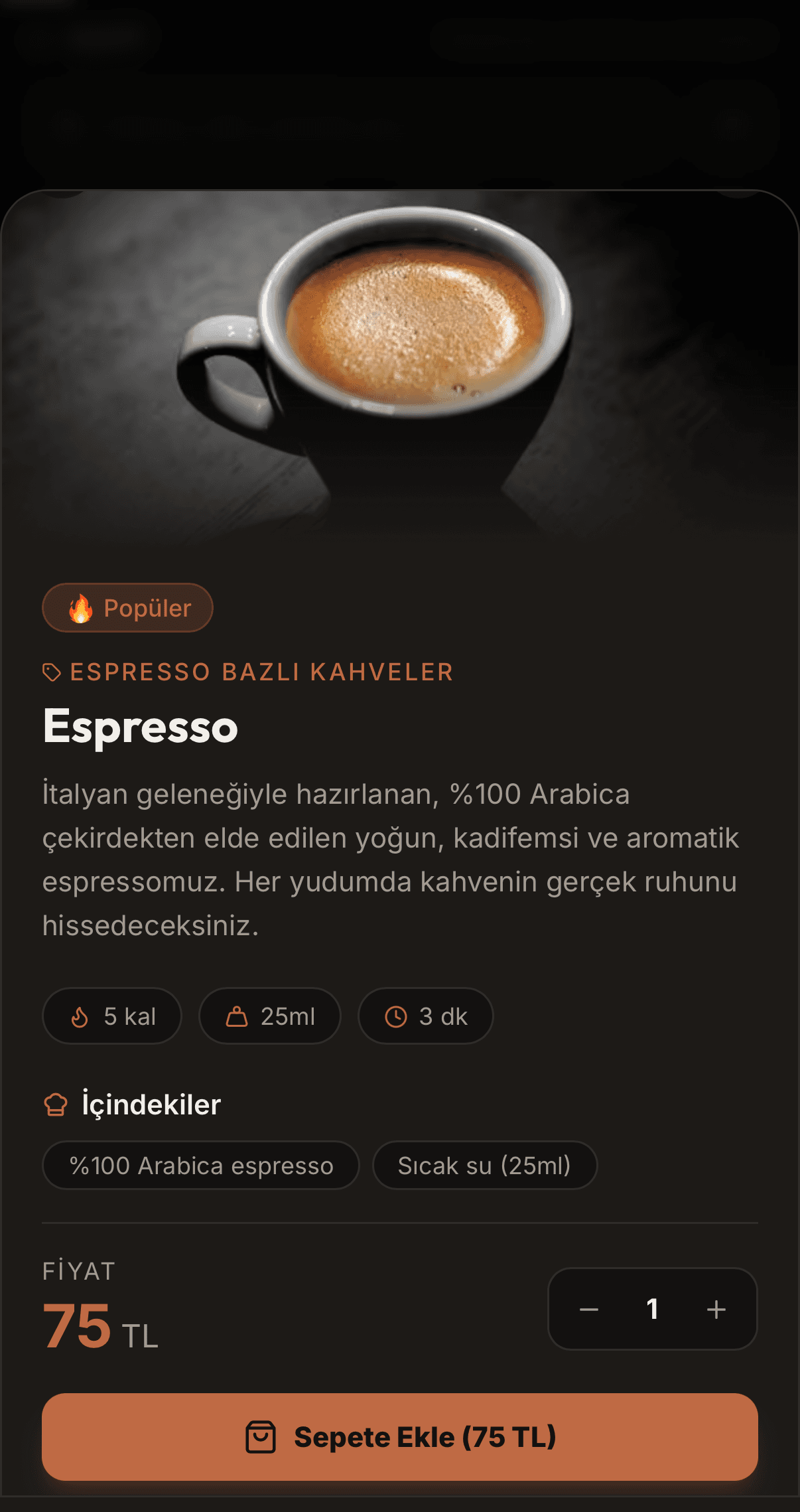 Örnek bir QR menü sitesinin ürün detayı ekranı