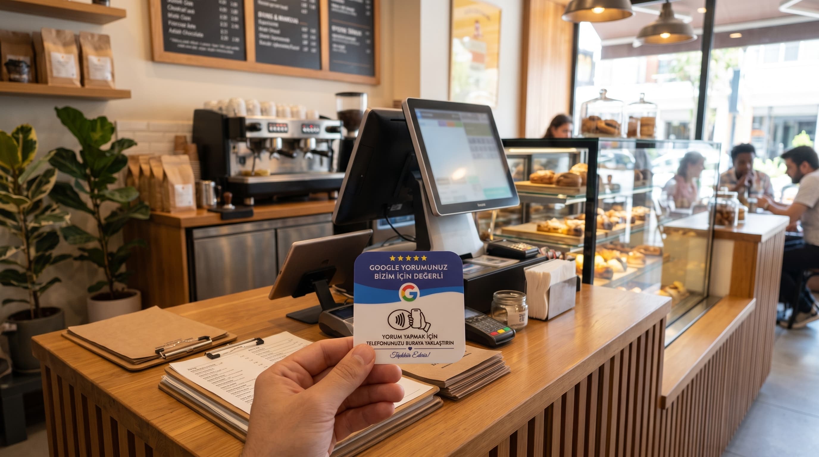 Google Review Kartı bir kafede kasada kullanılıyor
