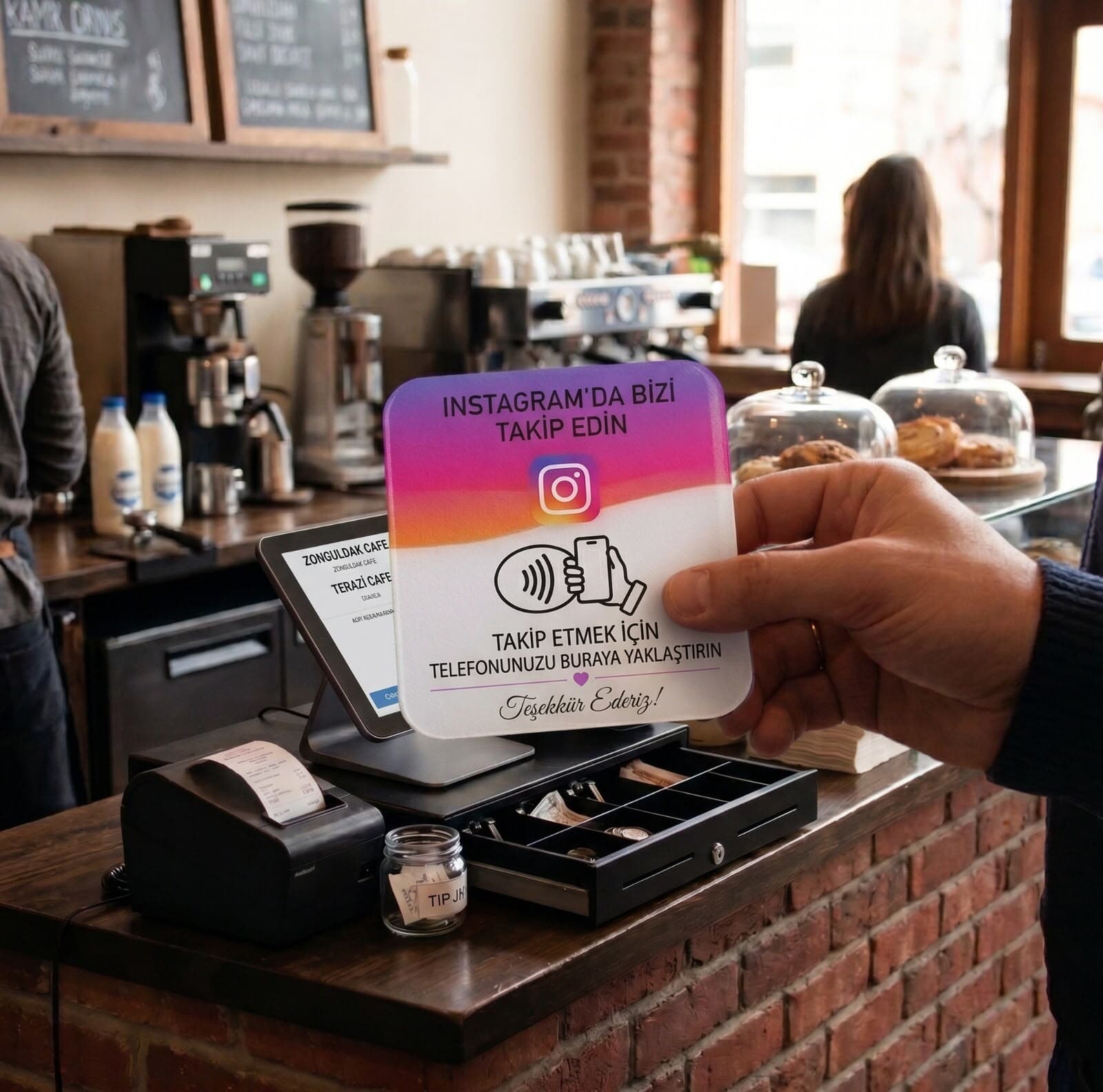Instagram NFC Kartı bir kafede kasada kullanılıyor